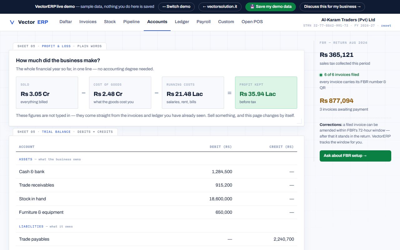 Accounts sheet — profit in plain words and a trial balance that ties