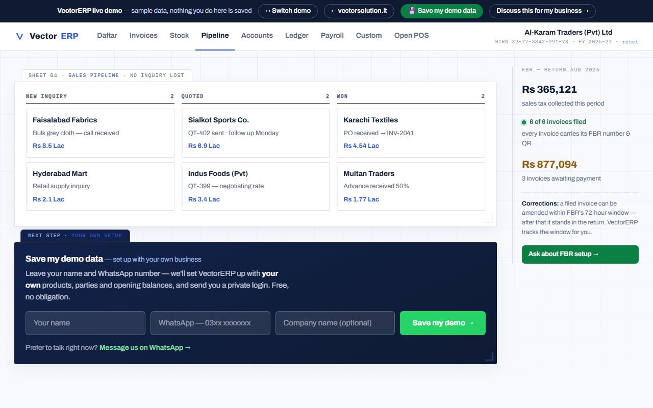 Sales pipeline — leads and follow-ups on a kanban