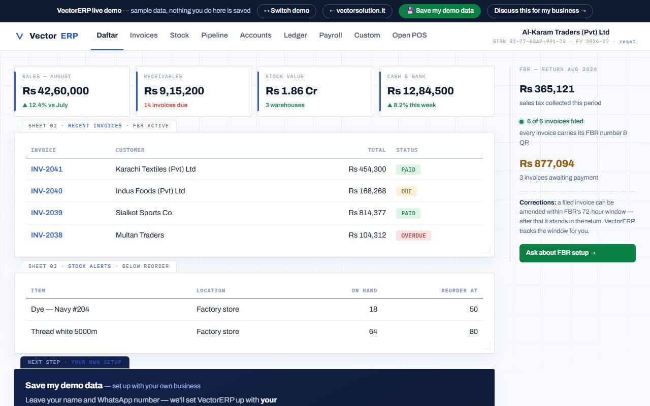 VectorERP dashboard — today's sales, receivables, stock alerts