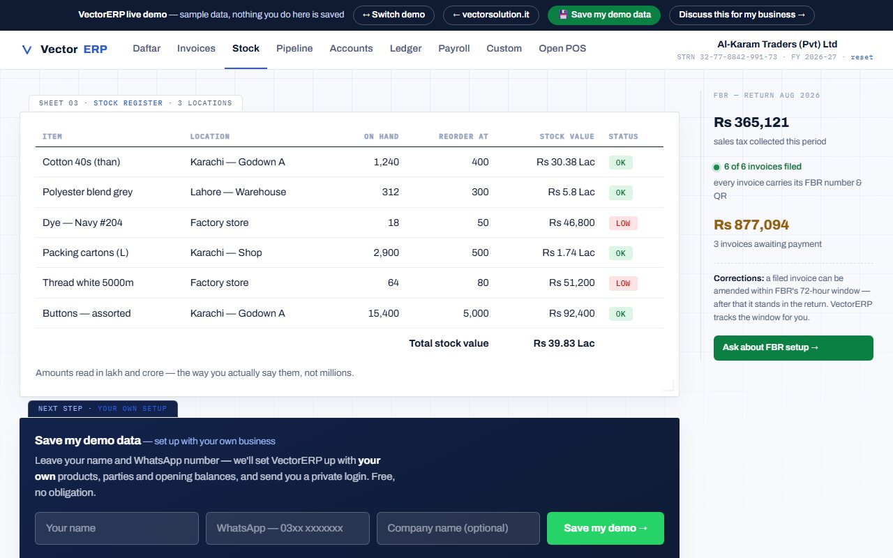 Live stock across godowns with low-stock flags