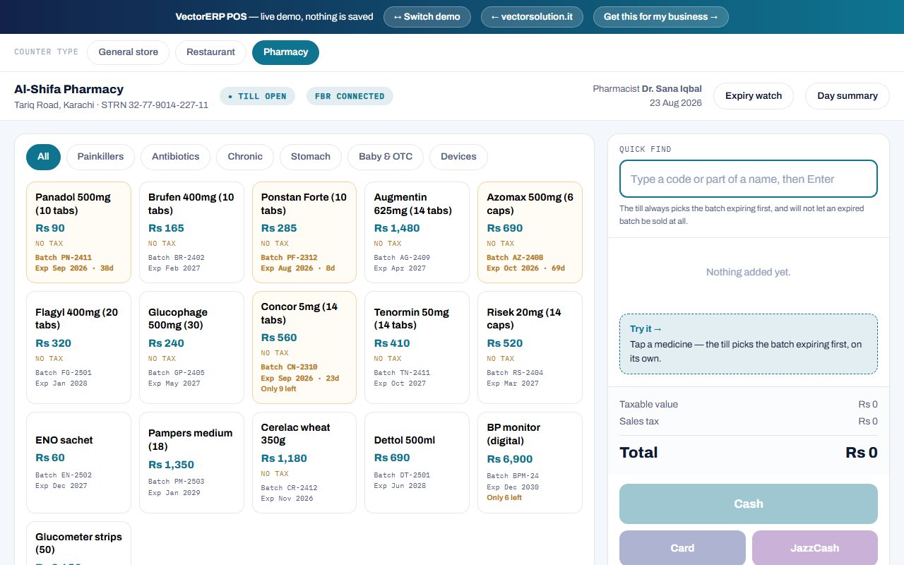 Pharmacy counter — batches, expiries, FEFO picking