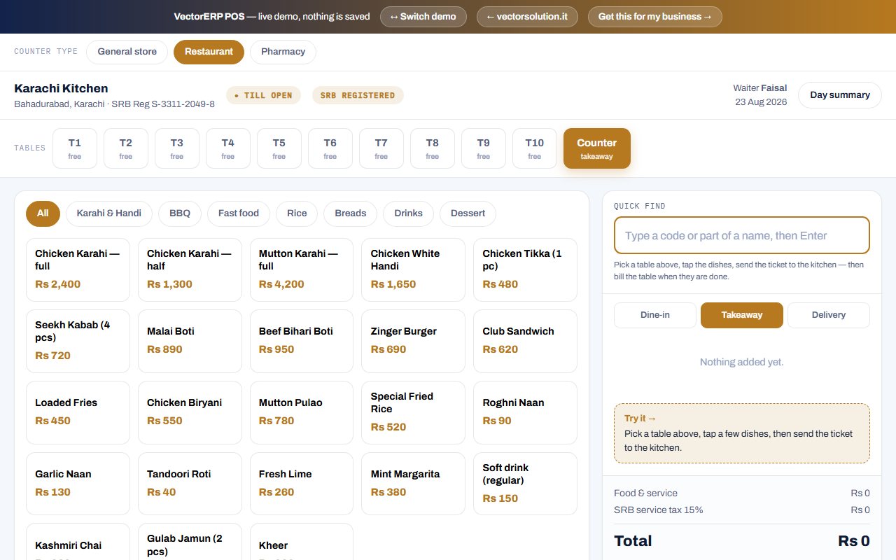 Restaurant counter — tables, kitchen tickets, SRB tax