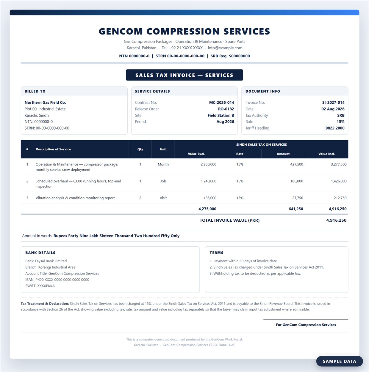 Sales tax invoice printed in the format required by the Sindh Revenue Board