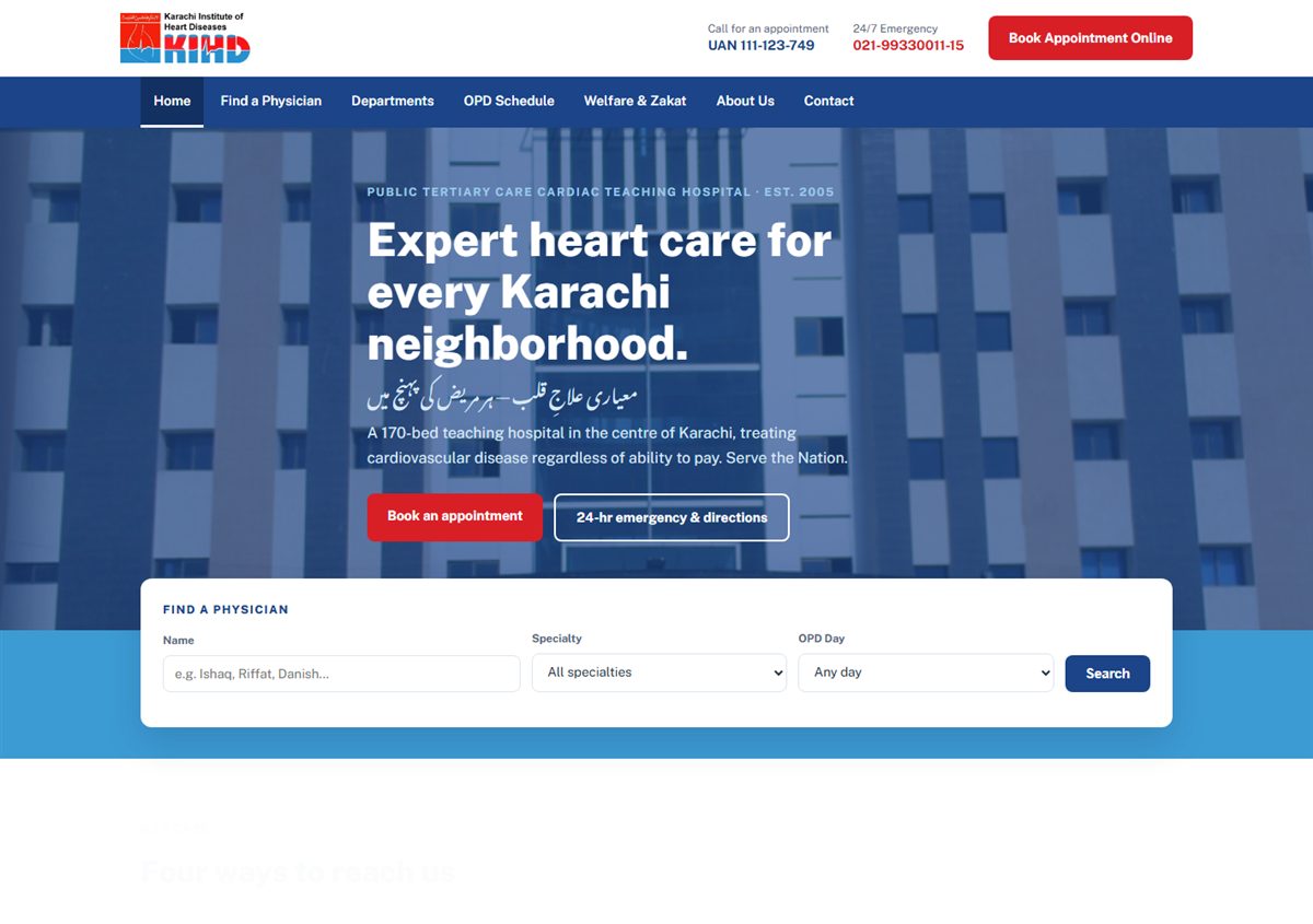 KIHD hospital website — homepage with find-a-physician search and online appointment booking