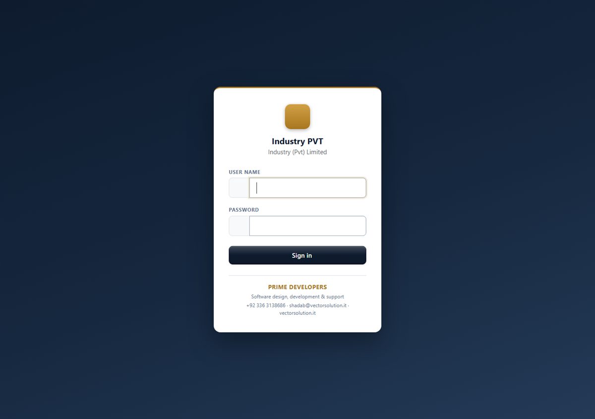 Industry PVT web accounting system — sign-in screen of the live application